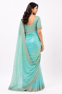 Sari en soie vert menthe brodé, longueur ras du sol, avec dupatta en filet, réversible, tenue de mariage indienne traditionnelle pour femmes - Product Image 3