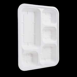 Bandeja de comida desechable biodegradable de bagazo de caña de azúcar, contenedor minimalista para llevar, blanco, diseño de 5 compartimentos. - Product Image 1
