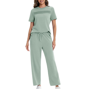 Women Everyday Two Piece Set Casual T Shirt <b>Elastic</b> Waist Pants Lounge Wear Custom Printing - Product Image 1