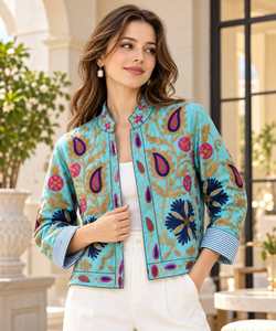 Women’s Purple Floral Embroidered Cotton <b>Jacket</b>, Stand Collar Ethnic <b>Short</b> <b>Jacket</b>, Boho Casual Wholesale Outerwear - Product Image 5