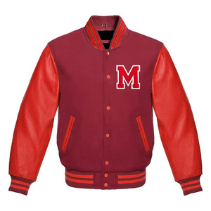 Chaqueta Varsity Marrón para Hombre con Mangas de Cuero PU Rojo, Logotipo M Bordado, Estilo Preppy, Cuello Camisero, Corte Regular - Product Image 1