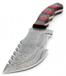 Couteau de camping à lame fixe en acier Damas artisanal avec dos de lame à double tranchant et manche en Micarta rouge-noir - Product Image 5