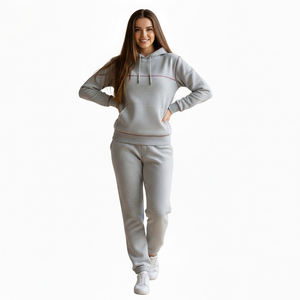 Gray Hooded Tracksuit Set Full Sleeve Solid Color Casual Wear with Side Pockets and Elastic Waist 100% Cotton Autumn Style - Product Image 5