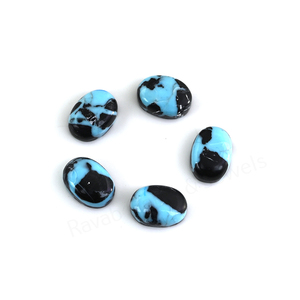 Cabochon de pierre précieuse en vrac, forme ovale 10x14mm, dos plat, poli brillant, lisse, motif camouflage noir Arizona et turquoise bleue, pour la fabrication de bijoux et pendentifs - Product Image 2
