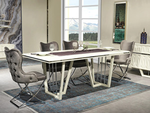 Juego de Comedor Moderno de Lujo en Madera de Teca Sólida, Mesa Rectangular Dorada con 6 Sillas, Muebles Contemporáneos para Cocina de Villa - Product Image 5