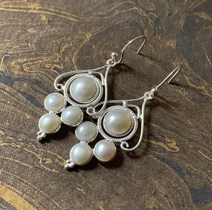Boucles d'oreilles pendantes en argent sterling 925 avec perle et pierres précieuses, 5,2 grammes, style vintage fait main, bijoux ethniques pour femmes - Product Image 2