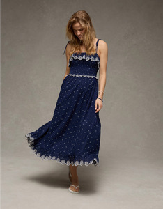 Women's Sweet Sleeveless Embroidered Boho Maxi Dress <b>Navy</b> Blue Folk Cotton Casual Eco-Friendly Washable Breathable Anti-Wrinkle - Product Image 1