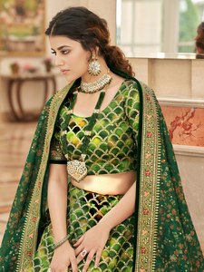 Green <b>Art</b> Silk A-Line Empire Halter Maxi Lehenga Choli Embroidered <b>Sequin</b> Ethnic Dress Women Wedding Festival Outfit - Product Image 4