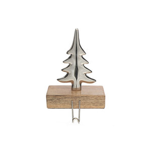 Silver Christmas Tree Stocking Holder on <b>Wooden</b> Base Fireplace <b>Mantel</b> Hook Xmas Holiday Home Hanger Decor - Product Image 1