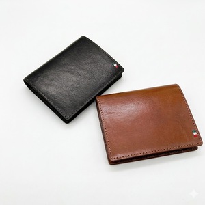 Article populaire : Portefeuille unisexe bi-pliant Castello en cuir italien tanné végétal, minimaliste, avec broderie drapeau, noir, en polyester. - Product Image 1