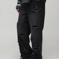 En gros Jeans en denim déchirés délavés à la pierre à rivets coupe droite Streetwear Hip Hop avec logo personnalisé direct usine Pk