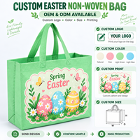 Sacs fourre-tout réutilisables en non-tissé écologiques, imprimés lapin de Pâques vert menthe, œuf, poussin, marguerite et couronne, avec logo personnalisé pour cadeaux