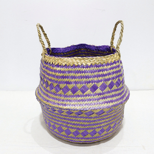 Trending Natural Palm Leaf Circle Durable Storage <b>Basket</b> Eco-friendly Purple Laundry <b>Hamper</b> - Product Image 4