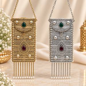 Luxury Metallic Filigree Hard Case Sling <b>Clutch</b> with <b>Pearl</b> Beading and Gemstone Accents Metal Minaudiere Bags - Product Image 3