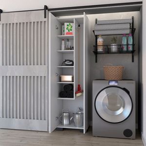 Scaffali Bianchi per Stoccaggio e Armadio Porta Scope, Eleganti Mobili con Coperture Protettive - Product Image 2