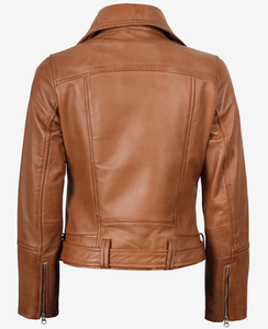<b>Womens</b> Tan Genuine Leather Slim Fit Biker <b>Jacket</b> Asymmetrical Zip Solid Embossed Premium Quality Custom OEM Wholesale - Product Image 2