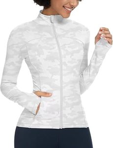 Chaqueta Deportiva Blanca de Camuflaje para Mujer, Manga Larga, Cierre de Cremallera, Transpirable, Cuello Alto, Bolsillos, Corte Regular, para Todas las Temporadas - Product Image 1