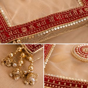 Organza Karwa Chauth Thaalposh con encaje Sada Saubhagyavati y borlas doradas, cubierta decorativa para platos - Product Image 2