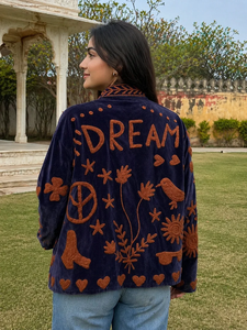 <b>Womens</b> <b>Navy</b> Blue Embroidered <b>Quilted</b> <b>Jacket</b> Boho Geometric Symbol Embroidery Knitted Eco-Friendly Ethnic Full Sleeve Fashion - Product Image 4