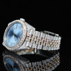 Montre Perpetual pour femme 43 mm, cadran bleu, verre à aiguilles, quartz, lunette sertie de diamants, bracelet en acier inoxydable, luxe et mode - Product Image 2