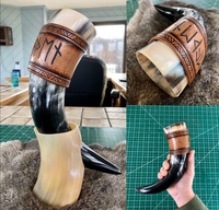 Tasse à boire en corne de buffle nordique de qualité supérieure, fabriquée à la main, style médiéval, pour miad ou bière, avec bande en cuir.