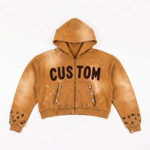 Vente en gros de sweats à capuche pour hommes en molleton épais, marron camel, effet vieilli, zippés, cloutés, avec patch personnalisé, coupe oversize, style streetwear, direct usine - Product Image 2