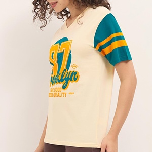 New Arrival Women's V-Neck Contrast Sleeve <b>T</b>-<b>Shirt</b> Loose Fit Casual Short Sleeve Cotton Jersey Spring Summer Diamonds <b>Sequined</b> - Product Image 2