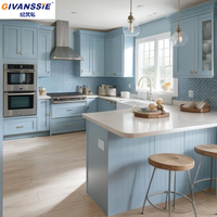 Meubles de cuisine modulaires GIVANSSIE personnalisés, écologiques, résistants à l'eau, style ferme américaine, bleu clair, chêne massif, avec îlot