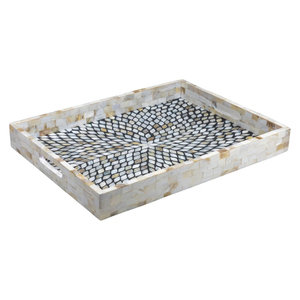 Plateau de service artisanal en nacre incrustée, blanc et noir, décoratif, pour table basse ou ottoman, organiseur de luxe pour la maison - Product Image 1