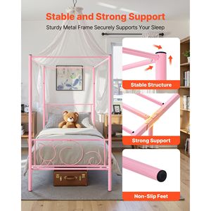 Struttura letto a baldacchino in metallo per letto singolo con design minimalista a quattro montanti, doghe in acciaio resistente e supporto robusto - Product Image 5