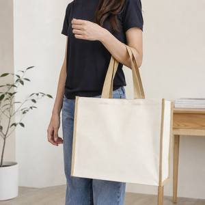 Bolsa de Mano de Lona de Algodón Laminado de 220 GSM, 41x34x17 cm, Asa Color Yute, Logotipo Personalizado, Reutilizable, Compras al por Mayor, Fabricante OEM - Product Image 5