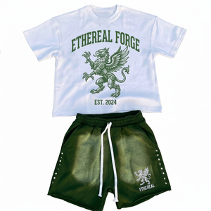 Conjunto de Camiseta y Pantalones Cortos de Algodón Unisex Ethereal Forge, Cuello Redondo, Manga Corta, Cordón Ajustable, Estampado Verde y Blanco, Ropa Casual de Verano - Product Image 1