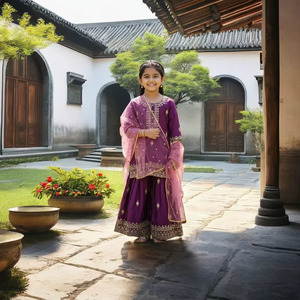 Ensemble Sharara en soie brodée pour filles, vêtements ethniques pour enfants, Kurti, pantalon évasé, dupatta, tenue traditionnelle indienne pakistanaise, tenue de fête - Product Image 1