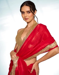 Traditional <b>Red</b> Rayon Silk Saree with Gold Embellished Border and Unstitched <b>Blouse</b> for Wedding and Party Wear - Product Image 2
