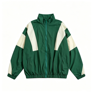 Green And Cream Color Block Track <b>Jacket</b> <b>Men's</b> Zip-Up Windbreaker Casual Outdoor Sport Style <b>Long</b> Sleeve Coat - Product Image 1