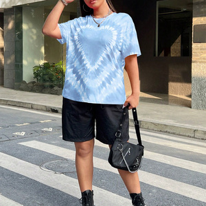 เสื้อยืดผู้หญิงลายมัดย้อม แขนสั้น คอกลม ทรงหลวม สไตล์ลำลอง สีน้ำเงินขาว ลายพิมพ์ ฤดูใบไม้ผลิ ฤดูร้อน ผ้าฝ้ายถัก ระบายอากาศได้ดี - Product Image 4
