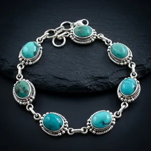 Vintage 925 Sterling Silver Bracelet With Turquoise Stones Bezel Set <b>Chain</b> Link Unisex Jewelry Gift - Product Image 5
