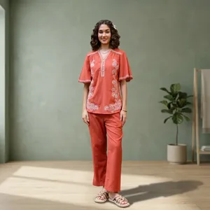 Conjunto de 2 Piezas para Mujer, Estilo Bohemio, Color Coral, Bordado Floral, Manga Corta, Cuello en V, Pantalones Holgados de Algodón, Ropa de Primavera/Verano - Product Image 5