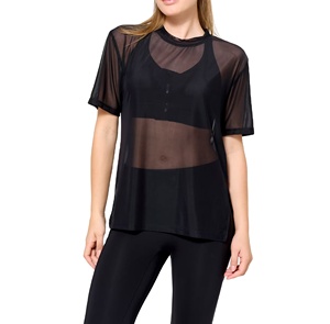 T-shirt en résille noire transparente pour femme, coupe oversize, épaules tombantes, manches courtes, col rond, style sexy - Product Image 1