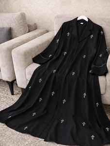 Black Embroidered Seamless Palm Tree Turkish Style Lightweight Breathable Abaya Women Ankle Length Long Sleeve Modest <b>Dress</b> - Product Image 1