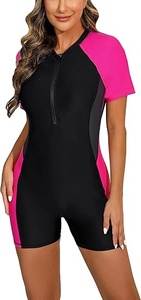 Women Short Sleeve Sports Bodysuit Black Pink Contrast Zip Front <b>Athletic</b> Jumpsuit - Product Image 2