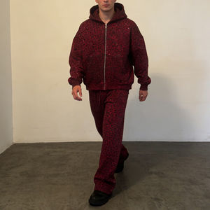 Sweat-shirts tendance pour hommes, couleur bordeaux, imprimé léopard, fermeture éclair, surdimensionnés, broderie léopard, paillettes, streetwear décontracté - Product Image 5