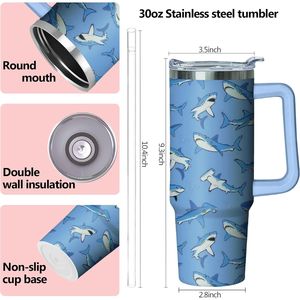 Tumbler Isolato in Acciaio Inox da 30 oz con Manico e Cannuccia, Design Squalo, Tazza da Viaggio per Caffè e Bottiglia d'Acqua per Regali - Product Image 3