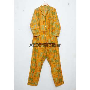 ชุดนอนผู้หญิงพิมพ์ลายดิจิทัลสไตล์อินเดีย งานแฮนด์เมดสุดหรู ผ้าฝ้าย 100% เอวยางยืด ลายดอกไม้ แขนยาว ขายาวเต็มตัว - Product Image 4