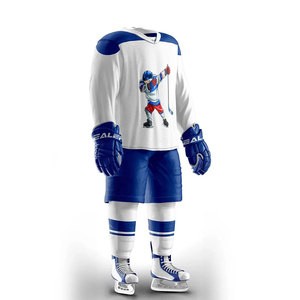 Uniforme de Hockey sobre Hielo Personalizado para Hombre, Jersey y Pantalones de Malla Sublimados en Blanco y Azul, Manga Larga, Transpirable y que Absorbe la Humedad - Product Image 4