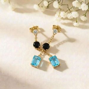 Sky Blue Topaz & Black Obsidian Gemstone <b>Earrings</b> Rectangle Cut Drop Stud <b>Dangle</b> With CZ Accent Elegant Minimal Jewelry Gift - Product Image 5