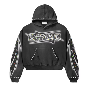 Vente en gros : Sweat à capuche zippé pour homme, streetwear personnalisé, coupe oversize, 100% coton lavé, grammage lourd 500 grammes, imprimé en relief avec strass, haute qualité - Product Image 2