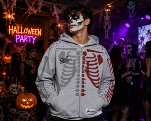 SALSTAR Men's Gray Hooded Zip-Up Sweatshirt <b>Skeleton</b> Print Fleece Casual Winter Streetwear - Product Image 5