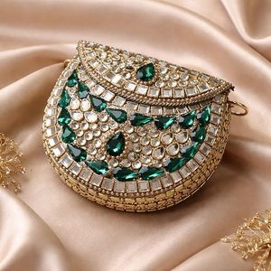 UnfoldSelf Luxury Green Stone Embellished <b>Gold</b> Clutch Bag | Designer Mirror Work Bridal Handbag with Chain Strap only for Women - Product Image 4