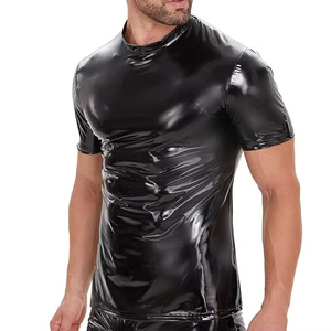 Men's Black Shiny PU Leather Short Sleeve Crew Neck T-<b>Shirt</b> Casual Solid Color Summer Wear - Product Image 2